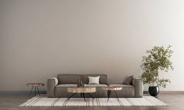 Mid Century Cushion Sofa Empty Brown Concrete Wall Parquet Floor — Stock Photo, Image