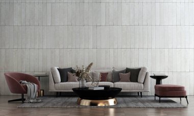 Modern lüks salon ve oturma odası iç tasarım ve tuğla duvar dokusu arka planı