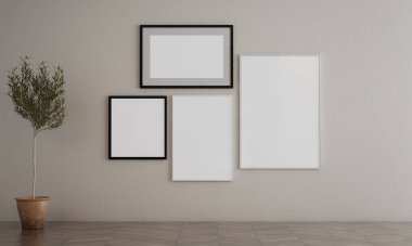 Asgari oturma odası iç tasarımı ve duvar dokusu arka planında siyah çerçeve posteri