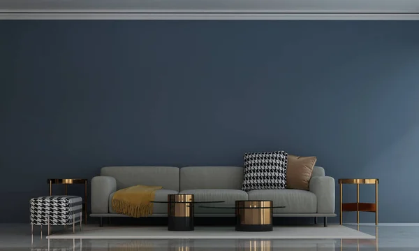 Midden Eeuw Moderne Bank Blauwe Muur Woonkamer Interieur Modern Design — Stockfoto