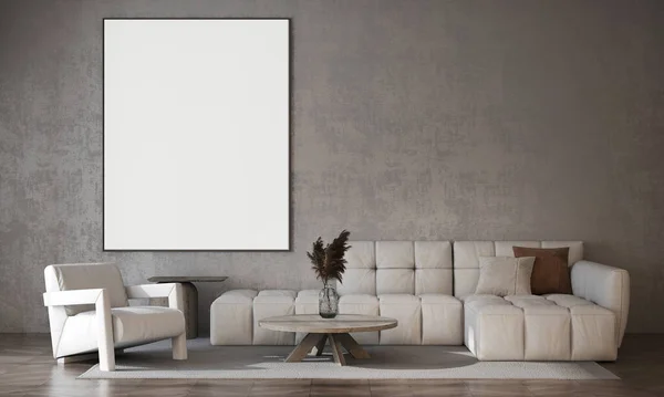 Sofá Moderno Marco Cartel Vacío Pared Interior Sala Estar Diseño — Foto de Stock