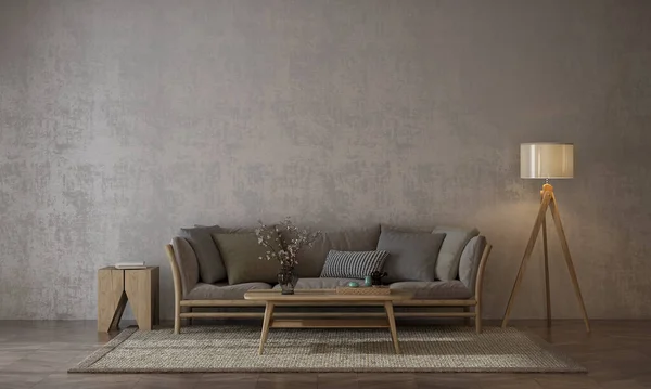 居室内的木制沙发和空混凝土墙 现代设计 造型家具装饰室内装饰 3D渲染 — 图库照片