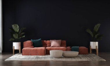 Modern lüks kanepe ve mavi duvar oturma odasının içinde, modern tasarım, Mobilya dekoratif iç dekorasyonu, 3D tasarım