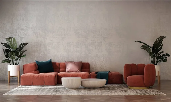 リビングルームのインテリア 現代的なデザインで現代的な豪華なソファとコンクリート壁 家具の装飾的なインテリアをモックアップ 3Dレンダリング — ストック写真