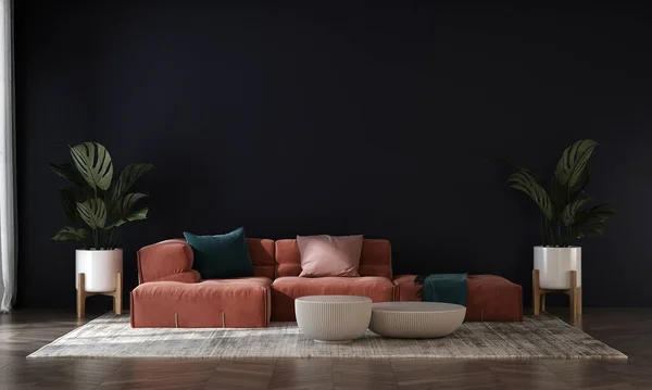 リビングルームのインテリア モダンなデザインで現代的な高級ソファと青の壁 家具の装飾的なインテリアをモックアップ 3Dレンダリング — ストック写真