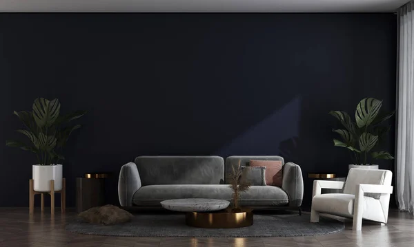 リビングルームのインテリア モダンなデザインで現代的な高級ソファと青の壁 家具の装飾的なインテリアをモックアップ 3Dレンダリング — ストック写真