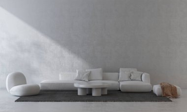 Modern beyaz kanepe ve minimal oturma odası ve beton duvar dokusu iç tasarım, 3D görüntüleme.