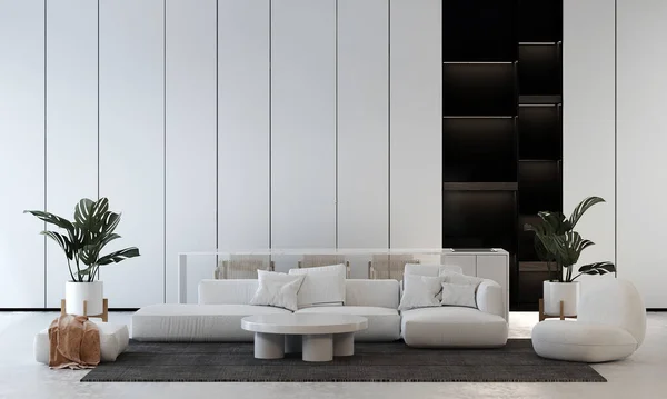 モダンな白いソファと最小限のリビングルームと装飾的な壁のテクスチャの背景インテリアデザイン 3Dレンダリング — ストック写真