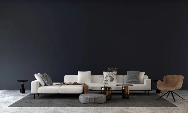 Minimalna Sofa Minimalny Salon Czarna Ściana Tekstura Tło Projekt Wnętrz — Zdjęcie stockowe