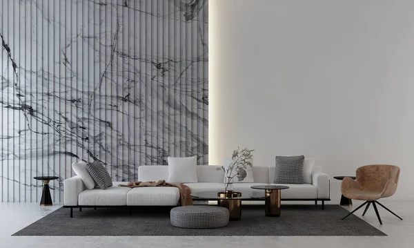 Modern White Sofa Minimal Living Room White Marble Wall Texture — Stock Photo, Image