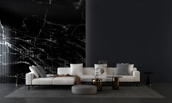 Moderne Hvid Sofa Minimal Stue Sort Væg Tekstur Baggrund Interiør - Stock-foto