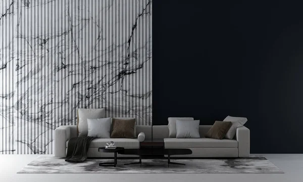 现代舒适客厅和白色瓷砖图案墙纹理背景室内设计 模拟房间 家具装饰 3D渲染 — 图库照片