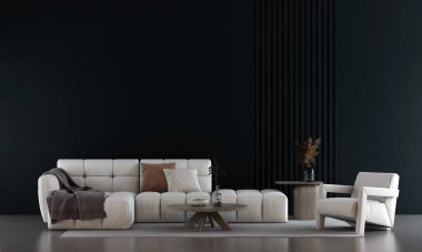 Konforlu oturma odası ve mavi desenli duvar dokusu arka plan tasarımı, süsleme odası, mobilya dekorasyonu, 3D görüntüleme.