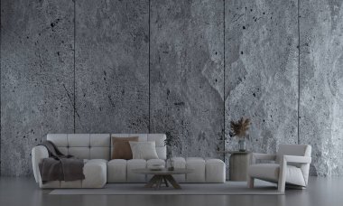 Oturma odası ve beton taş desenli duvar dokusu arka plan tasarımı, süsleme odası, mobilya dekorasyonu, 3D tasarım..