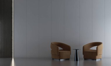 Asgari oturma odası ve beyaz karo desenli duvar dokusu iç tasarım, süsleme odası, mobilya dekorasyonu, 3D görüntüleme.