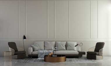 Modern oturma odası ve boş duvar dokusu arka plan, iç mekan tasarımı, süsleme odası, beyaz mobilya dekorasyonu, 3D tasarım..