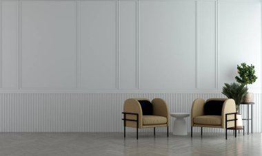 Modern oturma odası ve bej desenli duvar dokusu, iç mekan tasarımı, süsleme odası, beyaz mobilya dekoru, 3D tasarım..