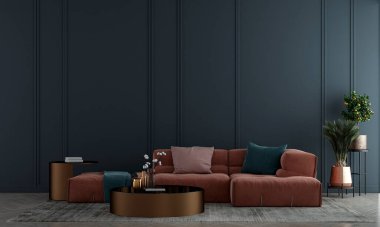 Modern oturma odası ve mavi desen duvar dokusu arka plan, iç mekan tasarımı, süsleme odası, beyaz mobilya dekorasyonu, 3D tasarım..