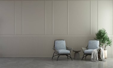 Modern oturma odası ve bej desenli duvar dokusu, iç mekan tasarımı, süsleme odası, beyaz mobilya dekoru, 3D tasarım..