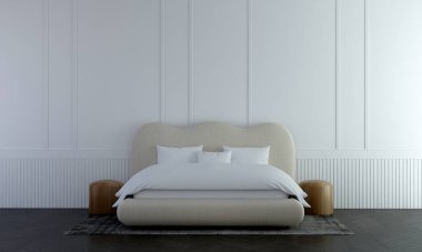 Yatak odası ve beyaz kiremit duvar dokusu, iç mekan tasarımı, süsleme odası, beyaz mobilya dekorasyonu, 3D tasarım..