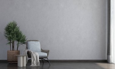 Minimum oturma odası ve beton duvar dokusu arka plan, iç mekan tasarımı, süsleme odası, beyaz mobilya dekorasyonu, 3D tasarım..