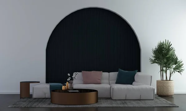 现代舒适客厅和蓝色弧形墙体背景 室内设计 模拟房间 白色家具装饰 3D渲染 — 图库照片