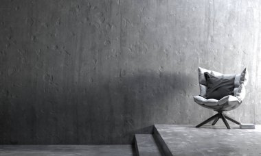 Oturma odası ve beton duvar dokusu arka plan, çatı katı iç tasarımı, süsleme odası, mobilya dekorasyonu, 3D tasarım..