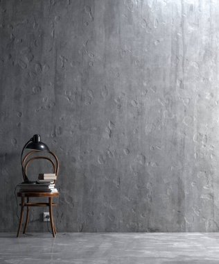 Oturma odası ve beton duvar dokusu arka plan, asgari iç tasarım, süsleme odası, mobilya dekorasyonu, 3D tasarım..