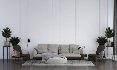 Oturma odası ve beyaz desenli duvar arka planı, modern rahat iç tasarım, süsleme odası, mobilya dekorasyonu, 3D tasarım..