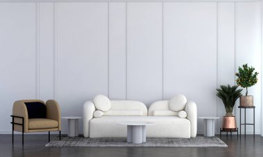 Oturma odası ve beyaz duvar dokusu arka plan, modern rahat iç tasarım, süsleme odası, mobilya dekorasyonu, 3D tasarım..
