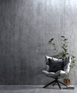 Oturma odası ve beton duvar dokusu arka plan, minimal iç tasarım, süsleme odası, mobilya dekorasyonu, 3D tasarım..