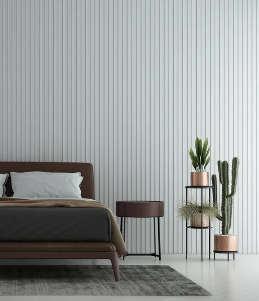 ベッドルームとホワイトパターン壁のテクスチャ背景インテリアデザイン 部屋をモックアップ 家具の装飾 3Dレンダリング — ストック写真