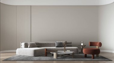 Beyaz kanepe, kırmızı sandalye ve bej desenli arka planda modern kahve masası. İskandinav boho modern oturma odasının iç tasarımı.