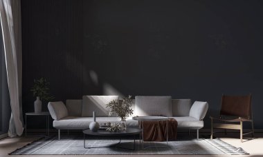 Beyaz kanepe ve beyaz yastıklar boş siyah duvar arka planına karşı. Modern oturma odasının minimalist iç tasarımı. 3d oluşturma.