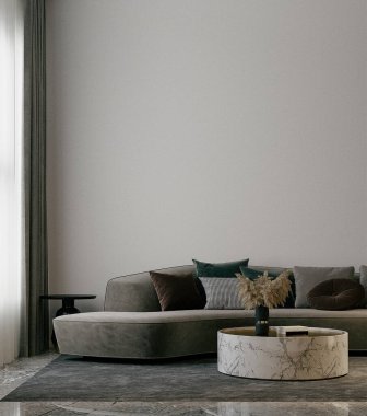 Modern kanepe ve gri yastıklar boş beyaz duvar arka planına karşı. Minimalist tarzda modern oturma odasının iç tasarımı. 3d oluşturma.