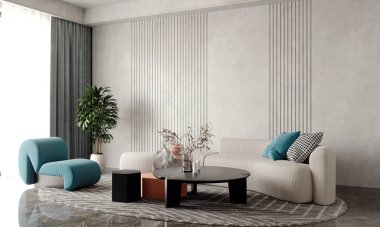 Oturma odasının modern konforu gri kanepe ve boş beton arka planda cyan sandalyeler. 3d oluşturma. 