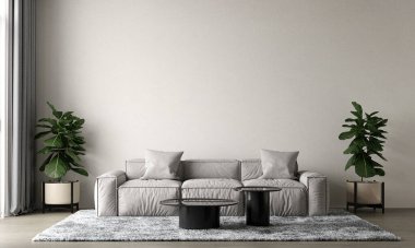 Boş beyaz beton arka planda gri kanepesi olan modern oturma odası. 3d oluşturma. 