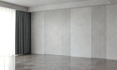 Beyaz desenli duvar arka planı. Minimalist tarzda modern oturma odasının iç tasarımı. 3d oluşturma. 