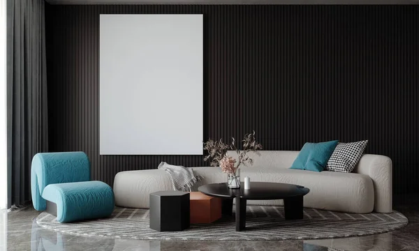 空白のコンクリートの壁の背景に灰色のソファーとシアンチェアを備えたリビングルームのモダンな居心地の良いインテリア 3Dレンダリング — ストック写真