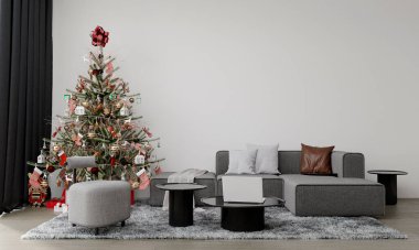 Güzel oturma odasıyla süslenmiş büyük bir Noel ağacı ve ahşap zeminde bir sürü farklı hediye. Boş beyaz duvar arkaplanı. 3d hazırlayıcı. 