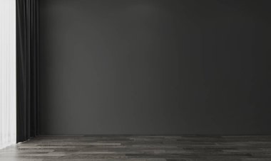 Siyah oturma odasının modern iç mekanı ve boş duvar arkası. 3d oluşturma.