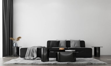 Konforlu kanepe seti ve boş duvar arkaplanı olan modern oturma odası. 3d oluşturma.