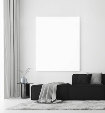 Oturma odasının modern lüksü rahat siyah kanepe seti ve aynası ve boş beyaz duvar arka planı. 3d oluşturma.