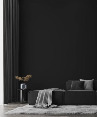 Rahat siyah kanepe seti ve boş siyah duvar arkaplanı olan modern oturma odası. 3d oluşturma.