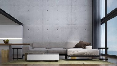 Konforlu kanepe seti, beton duvar arka planı ve deniz manzaralı modern bir oturma odası. 3d oluşturma.