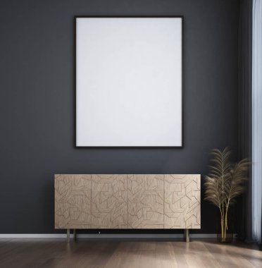 İç tasarım, modern oturma odası ve siyah duvar arka planı ve ahşap zemin üzerinde boş tuval çerçeve. 3d oluşturma.