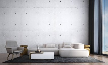 İç tasarım, modern oturma odası, boş beton duvar arka planı ve ahşap zemin. 3d oluşturma.