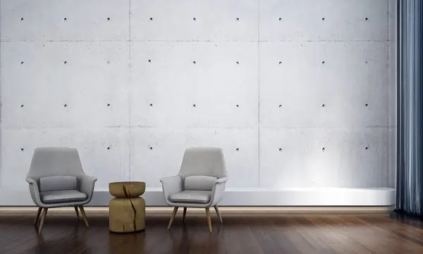 インテリアデザインとモダンなリビングルームとコンクリート壁の背景と木製の床 3Dレンダリング ロイヤリティフリーのストック画像