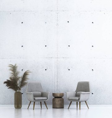 Modern iç tasarım konsepti oturma odası ve beton desenli arka planda beyaz soyut sanat. 3d oluşturma.