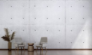 Oturma odası ve beton desenli arka plan iç tasarım konsepti. 3d oluşturma.
